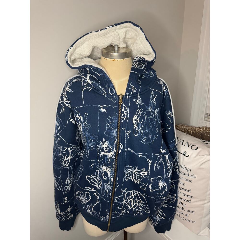 Navy Floral Sherpa-Lined Hooded Jacket